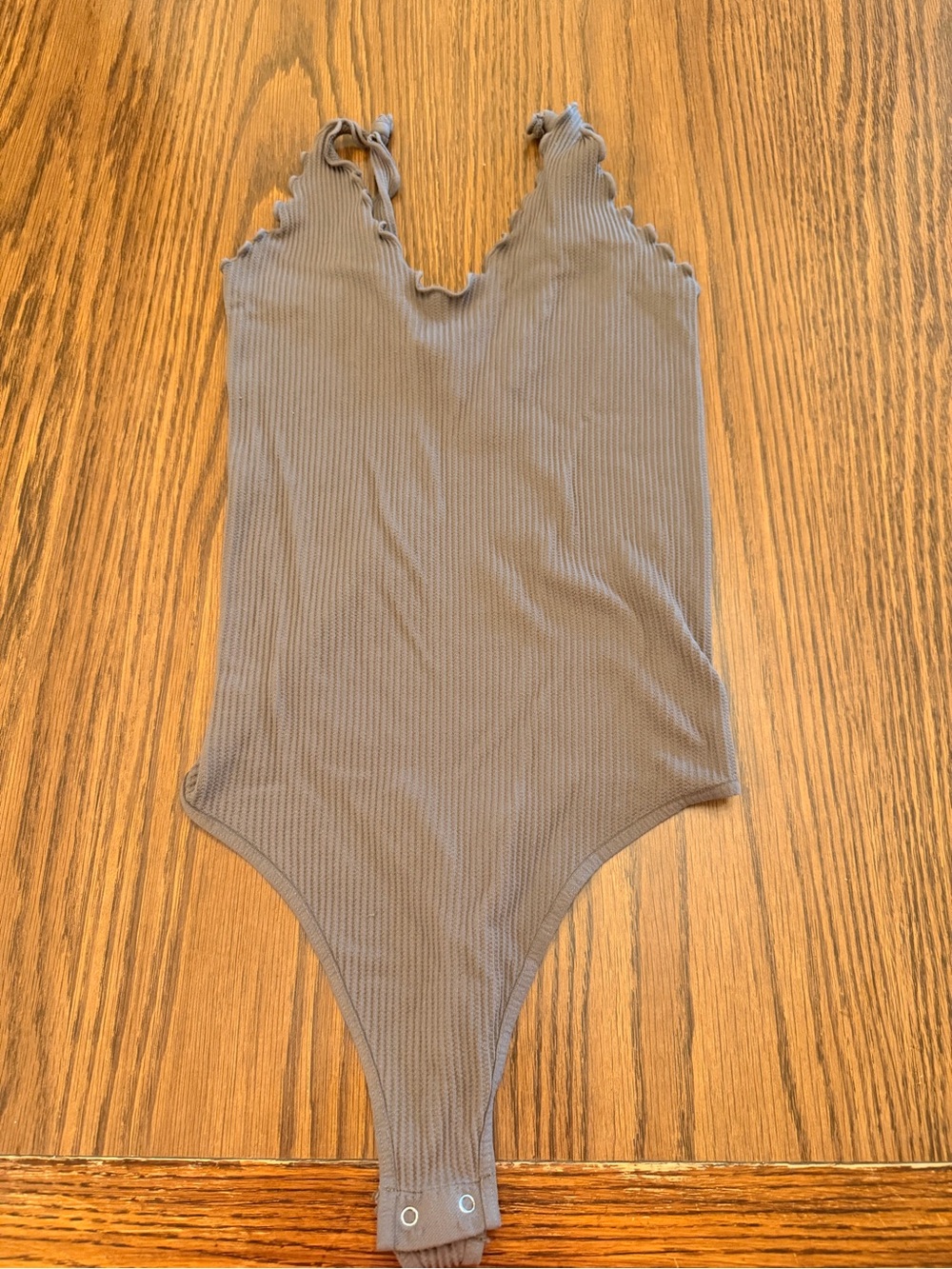 Free People Ribbed Gray Scalloped V-Neck One-Piece Bodysuit